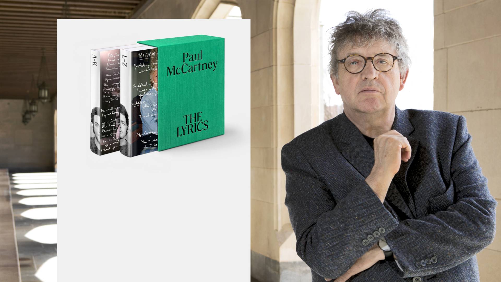 Paul Muldoon and inset of box set of book he co-authored with Paul McCartney