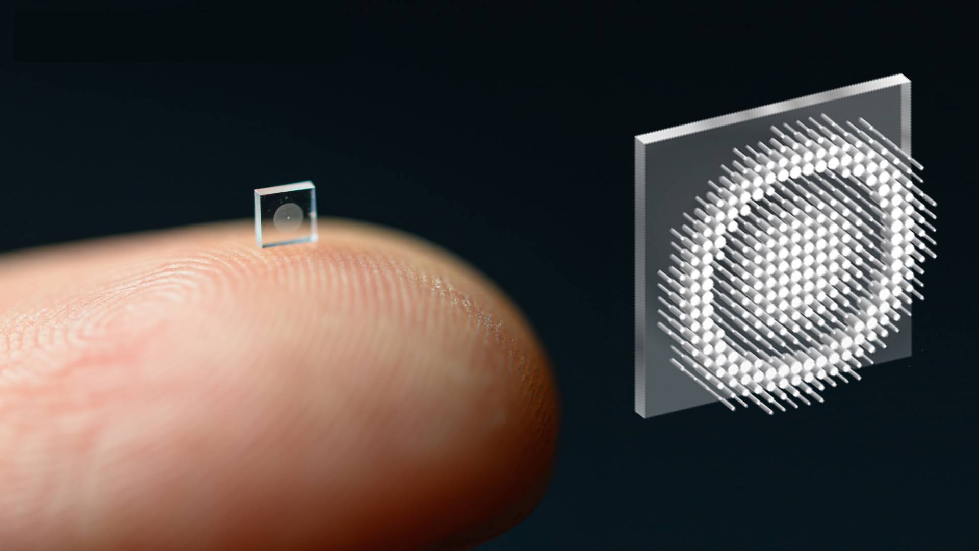 Tiny camera shown on a human fingertip