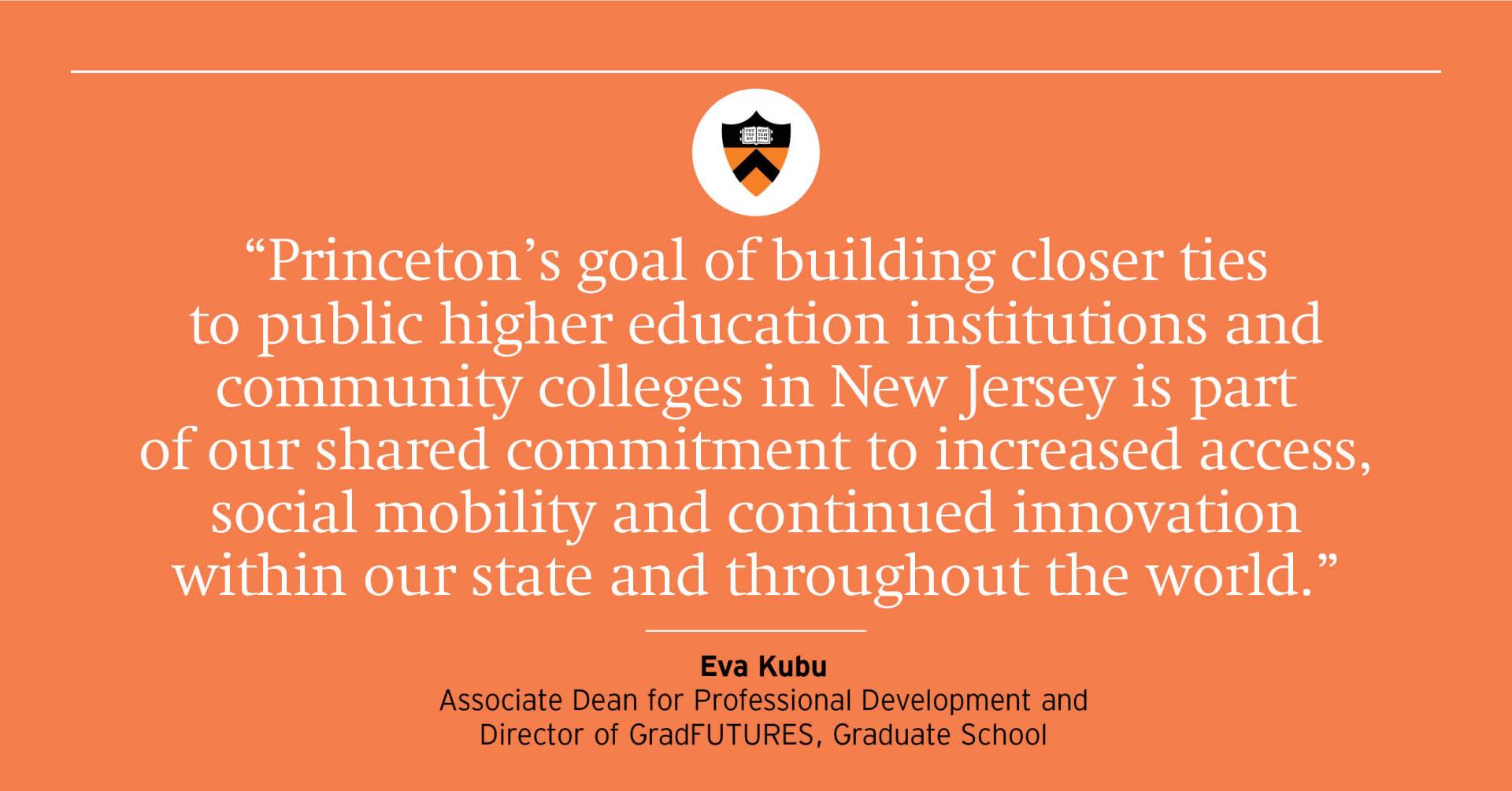 “Princeton’s goal of building closer ties to public higher education institutions and community colleges in New Jersey is part of our shared commitment to increased access, social mobility and continued innovation within our state and throughout the world.” — Eva Kubu, associate dean for professional development and director of GradFUTURES, Graduate School