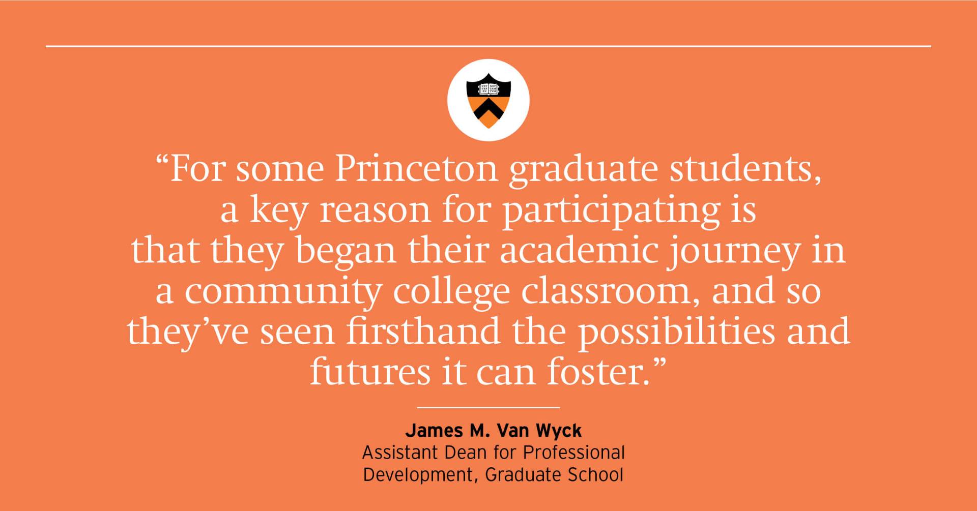 “For some Princeton graduate students, a key reason for participating is that they began their academic journey in a community college classroom, and so they’ve seen firsthand the possibilities and futures it can foster.” — James M. Van Wyck, assistant dean for professional development, Graduate School