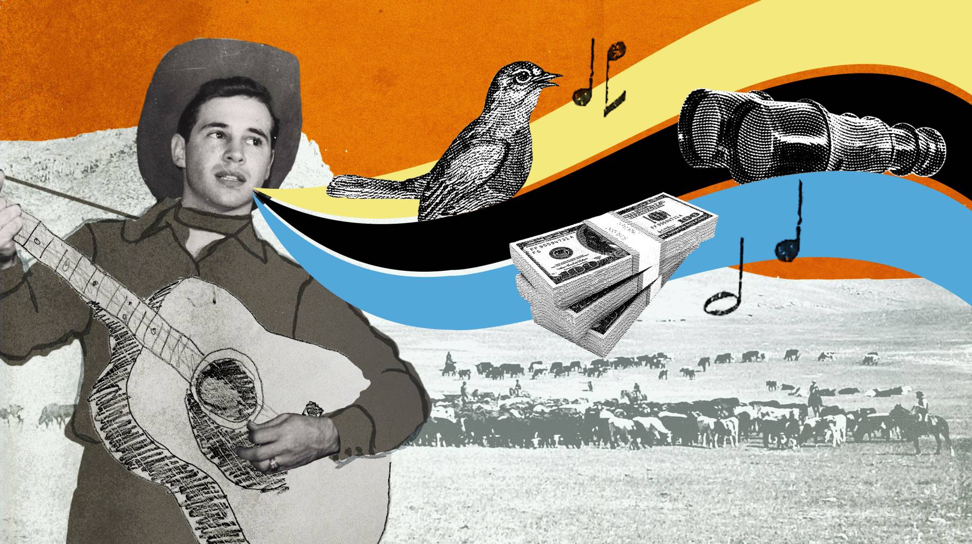 A man in a cowboy hat plays a guitar and sings a bird, a stack of money, and binoculars with a herd of cows in the background