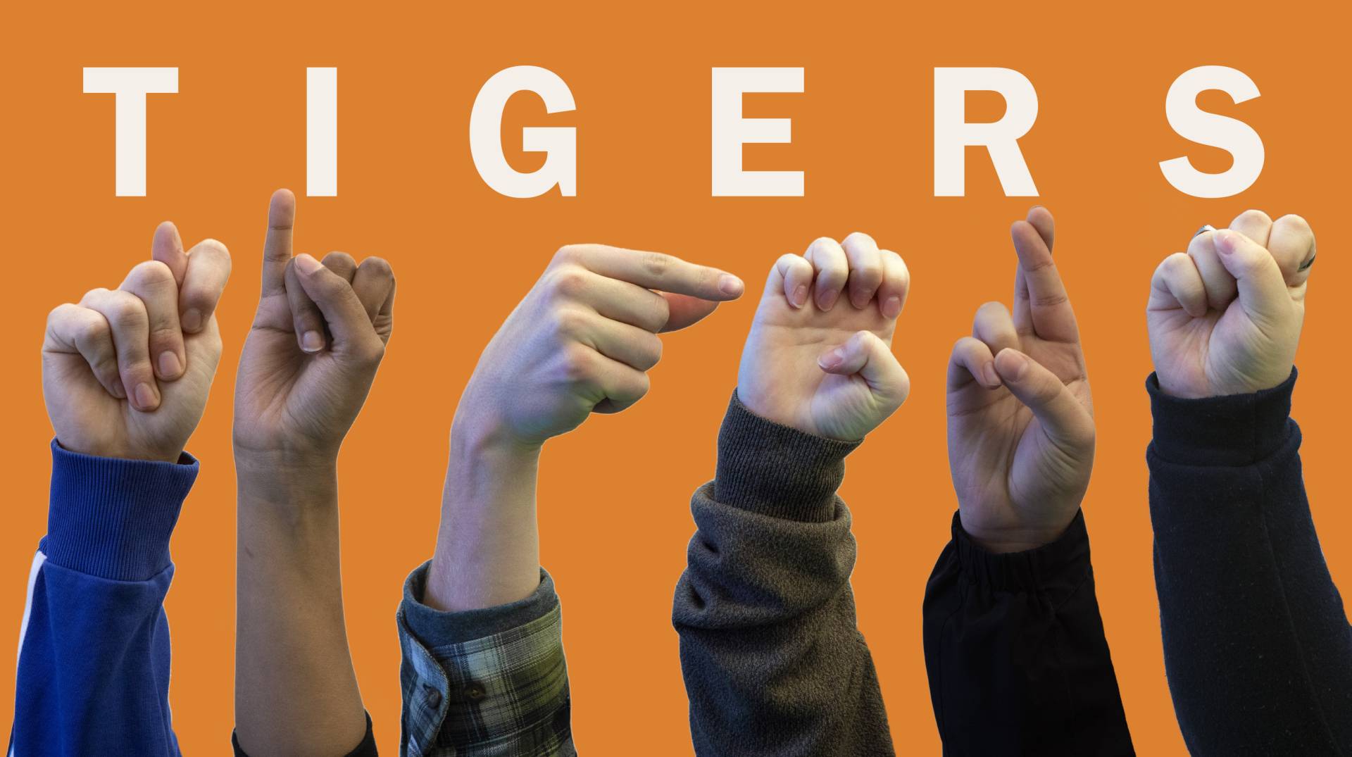 Student hands spell out the word, tigers, in American Sign Language