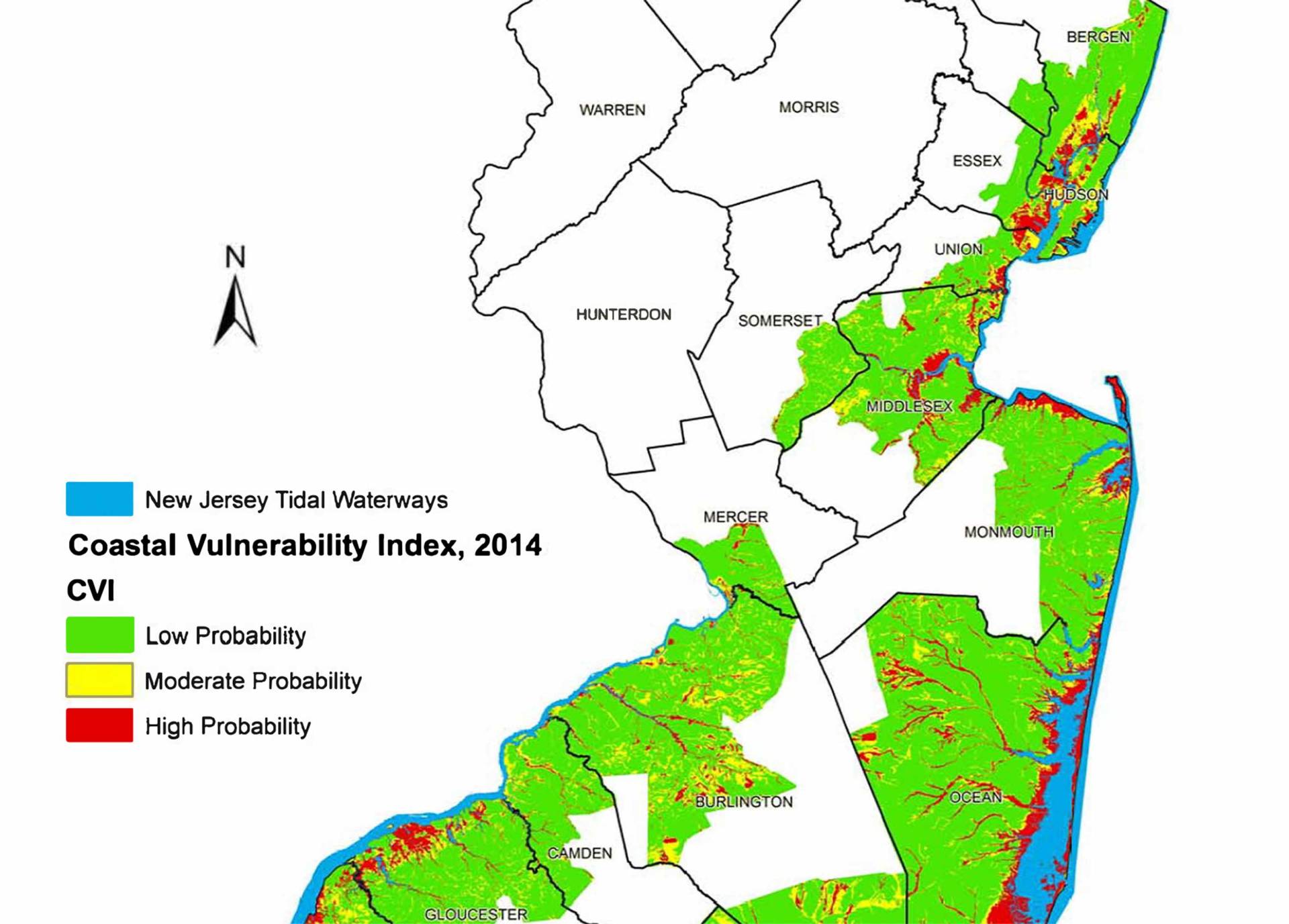 Coastal Vulnerablility Index showing low/moderate/high probability of area flooding 