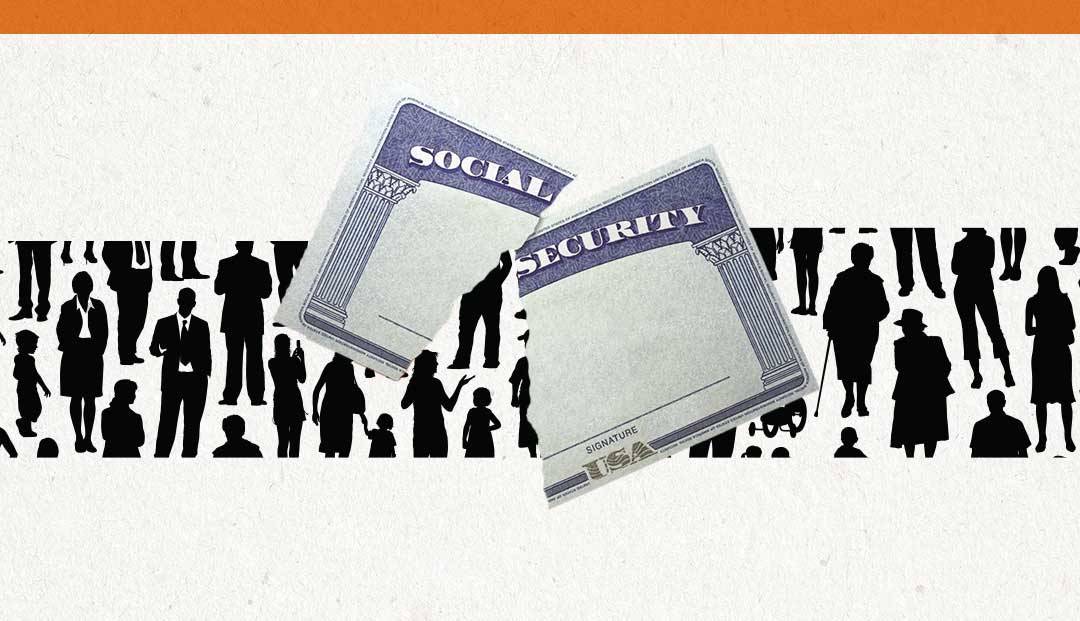 A torn social security card on a background of silhouettes of people