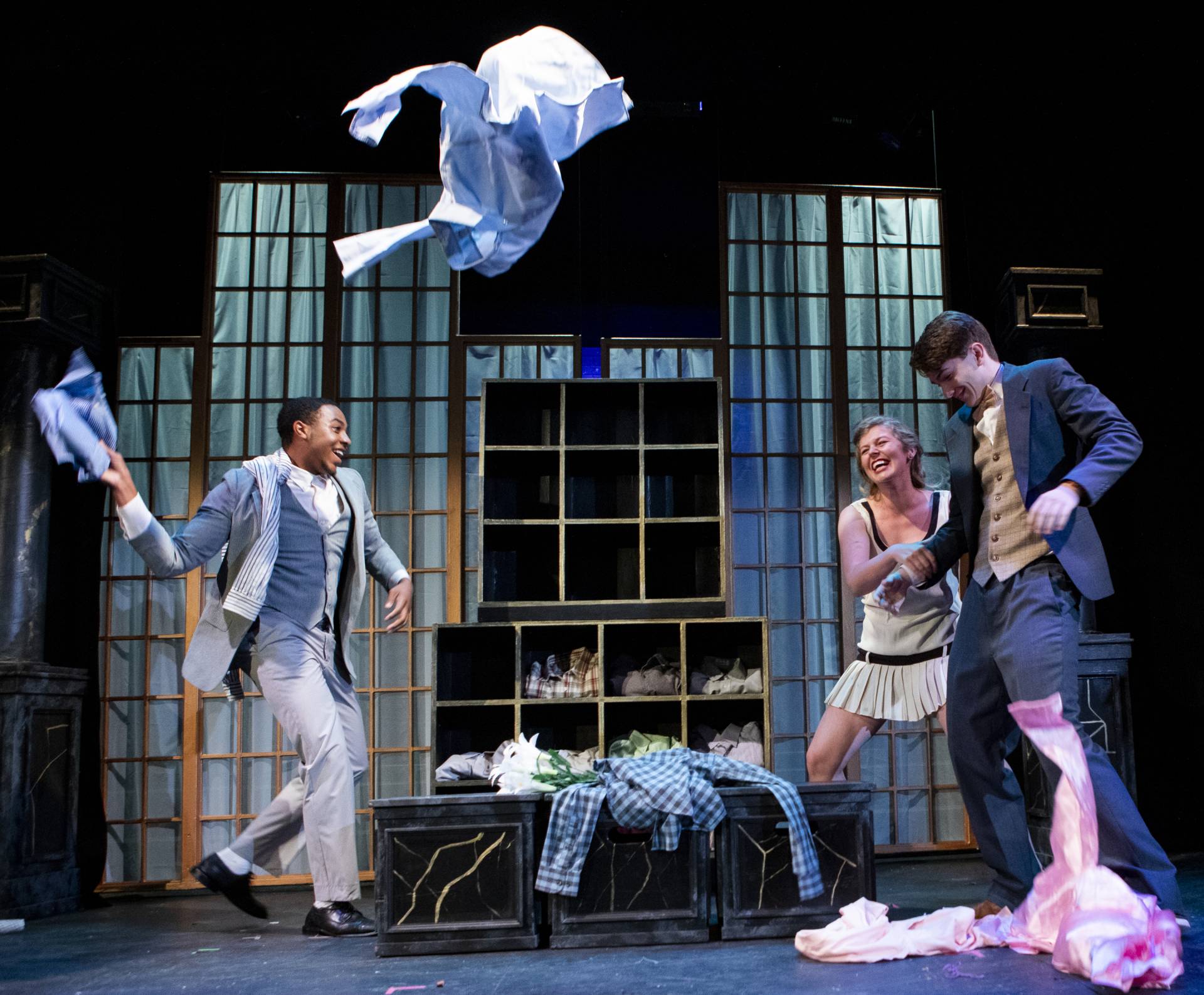 Xavier Jefferson (left) as Jay Gatsby, Allison Spann '20 as Daisy Fay Buchanan and Jay White '24 as Nick Carraway.