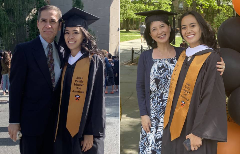Serena Lu '20 with her father and with her mother
