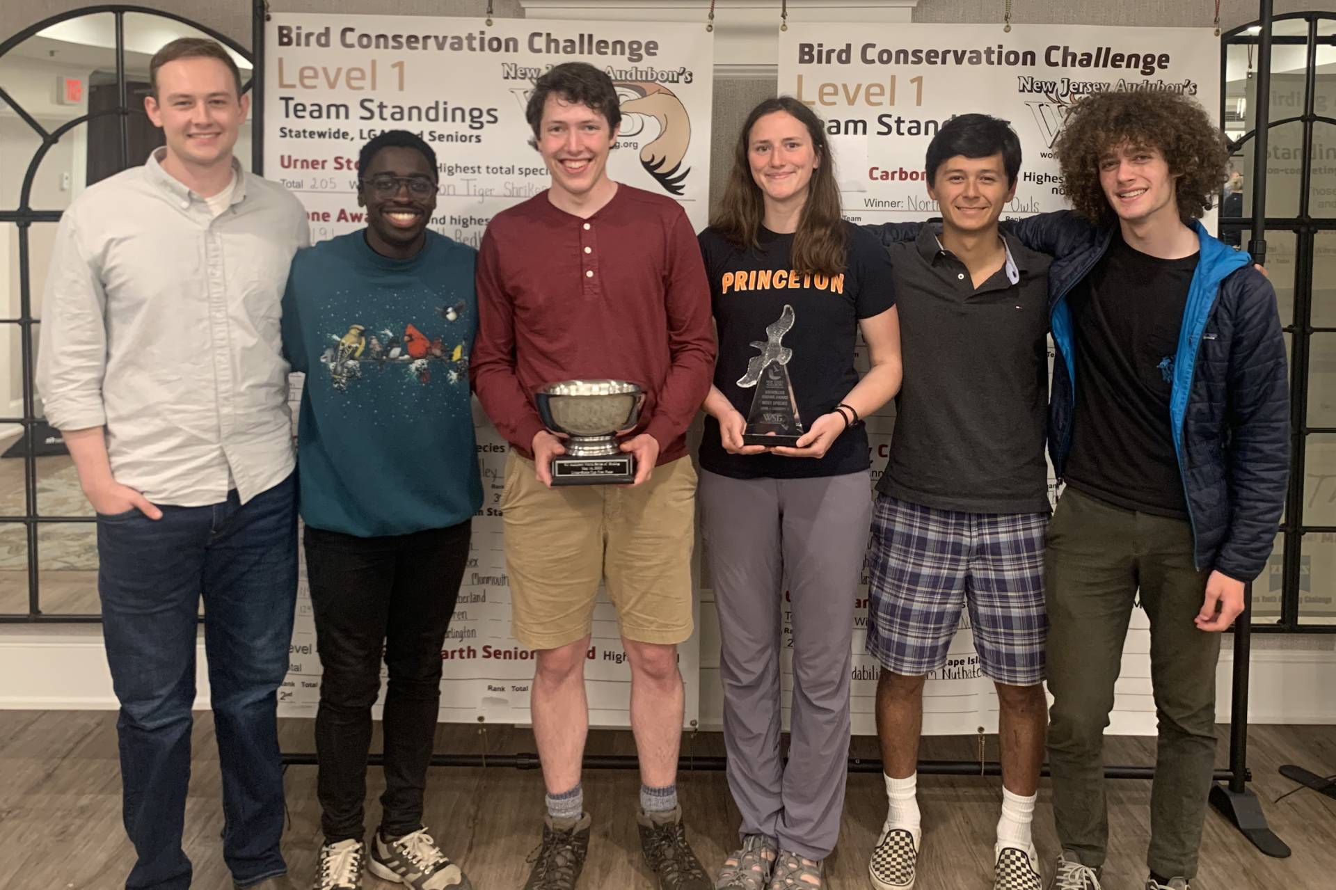 The Tiger Shrikes received two trophies: Left to right are Alex Wiebe, Kojo Baidoo, Patrick Newcombe, Claire Wayner, David Dorini and Julian Gottfried.
