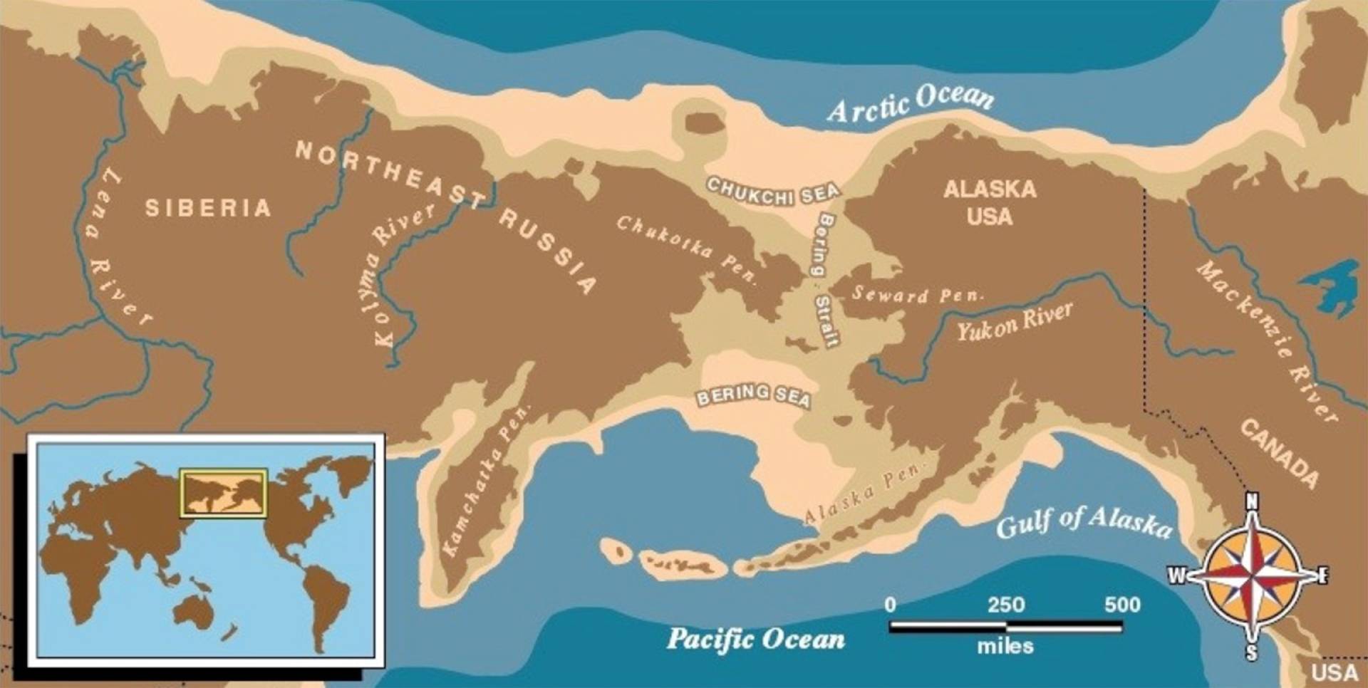 Bering Land Bridge map; see caption for details.