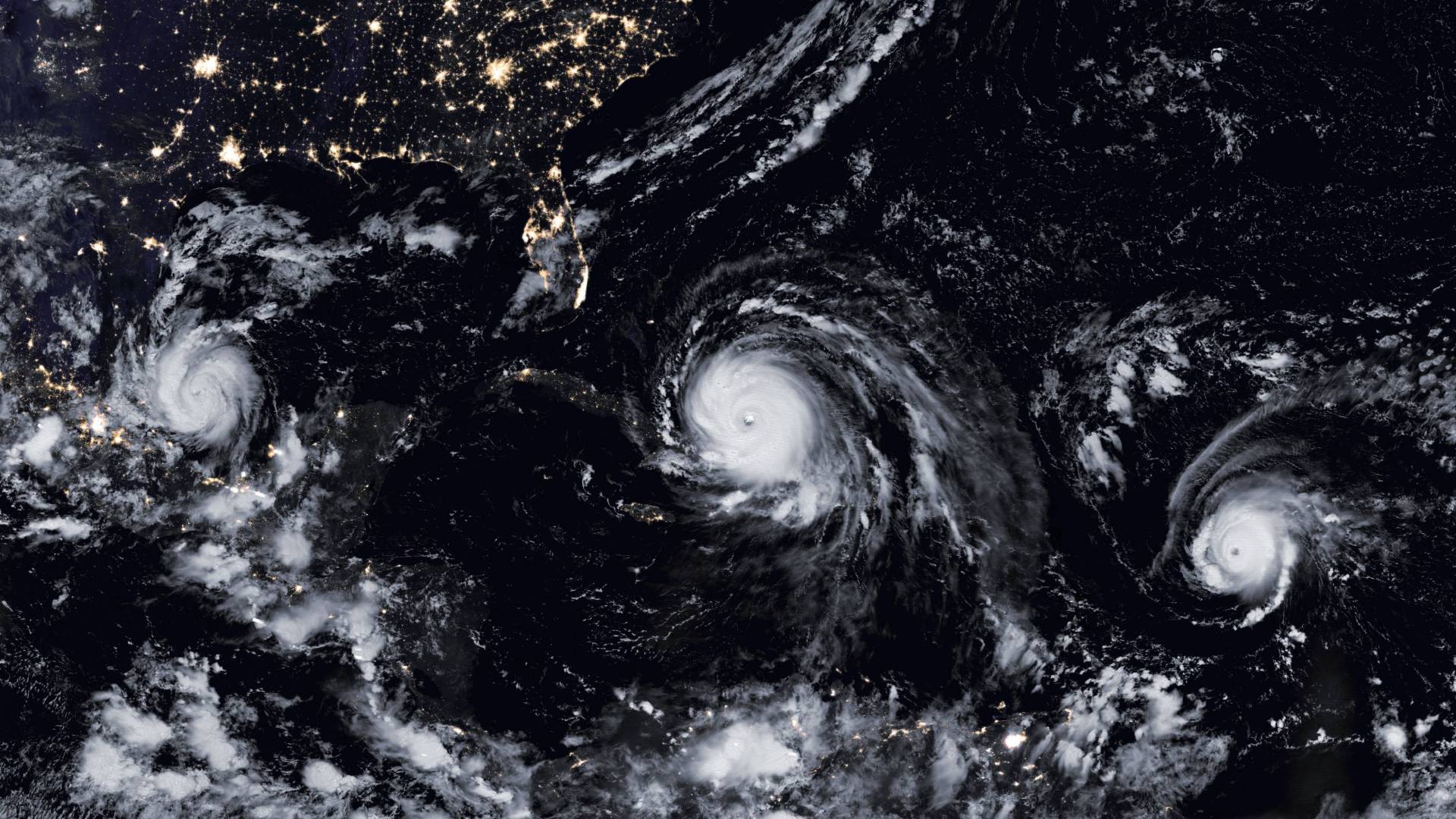 Satellite image of three hurricanes developing 