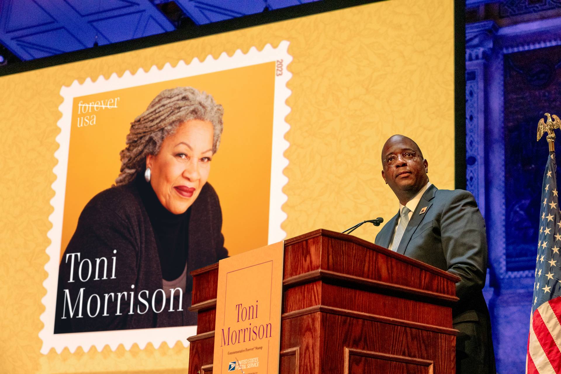 Dean Jarret giving a speech at Toni Morrison USPS stamp event