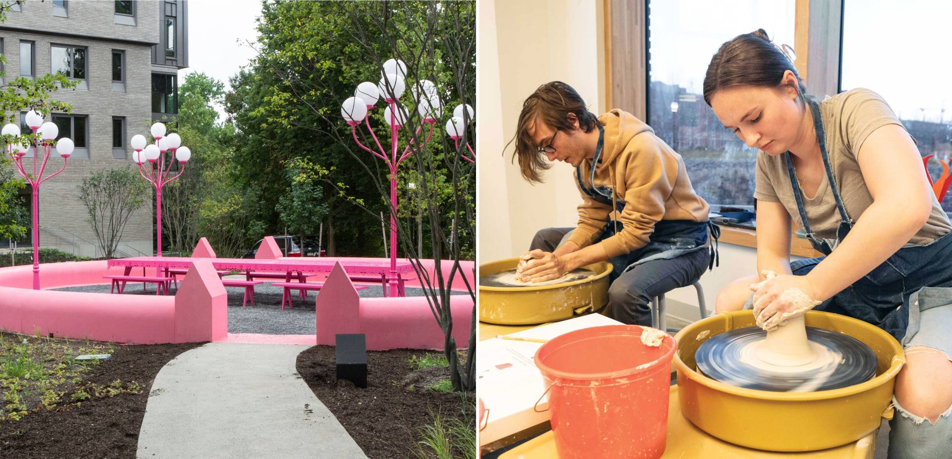A candy-colored art installation and two students work at the ceramics wheel