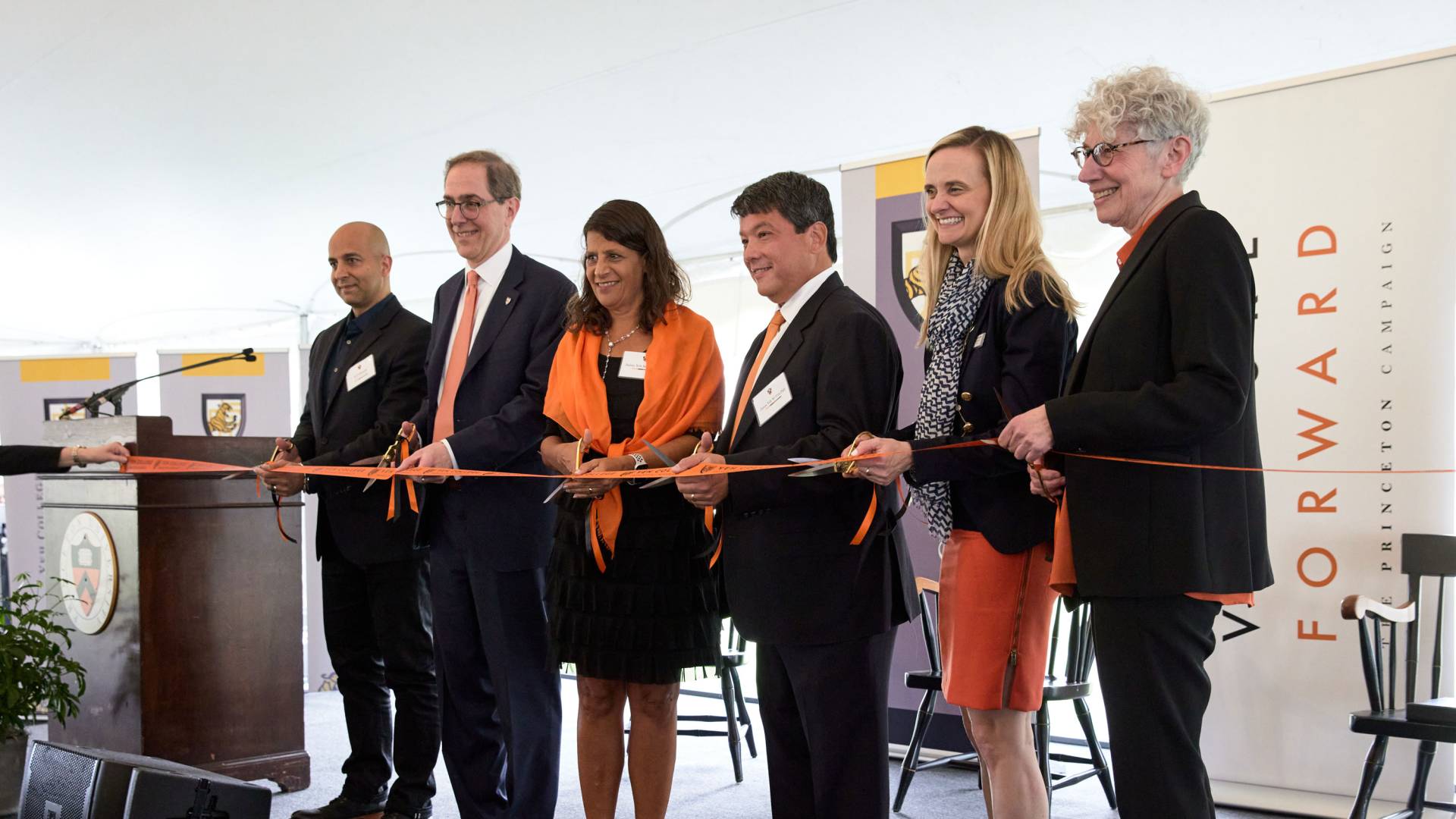 The Yehs, President Eisgruber, Jill Dolan at a ribbon-cutting ceremony for new residential colleges