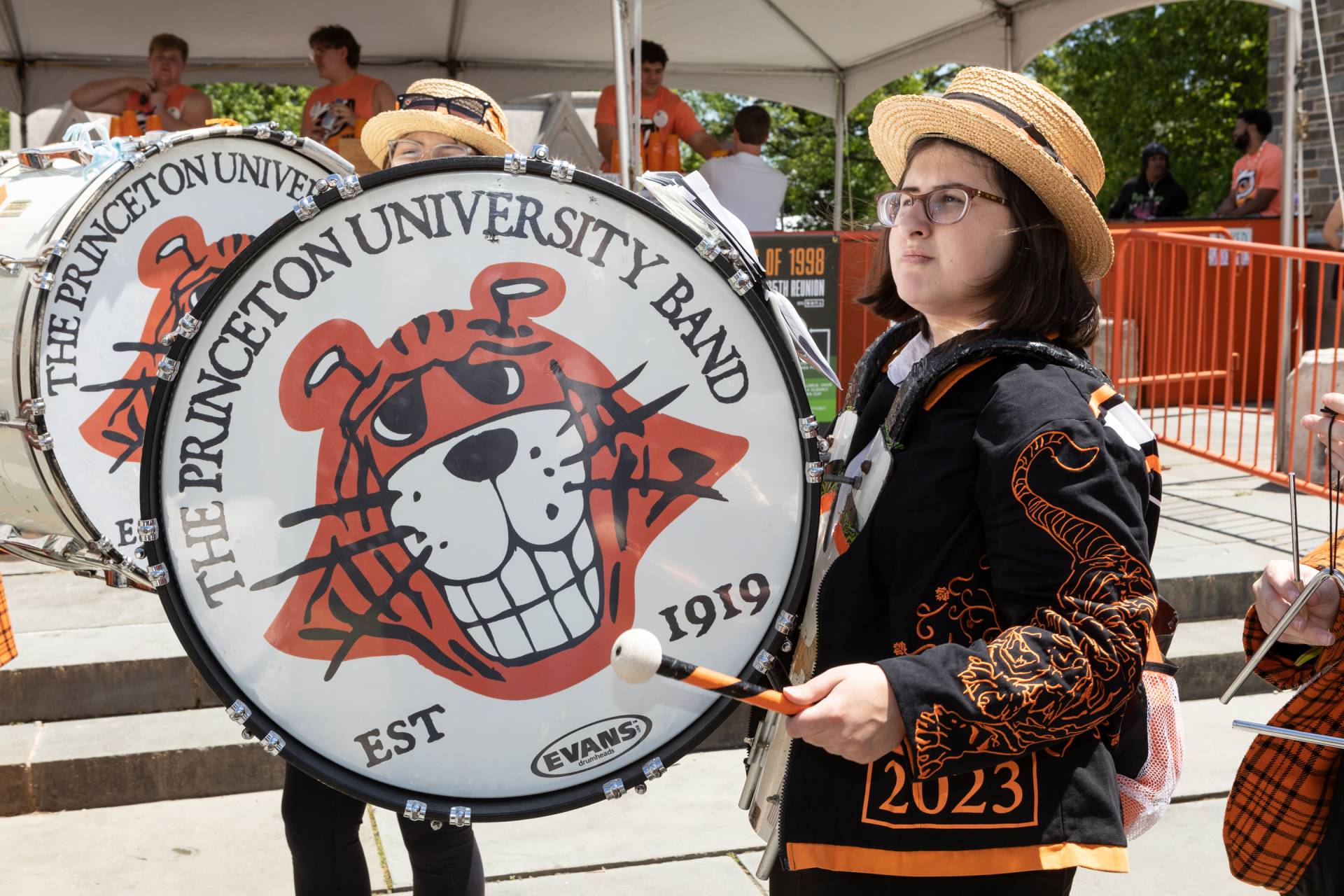A base dummer plays along with the Princeton University Band