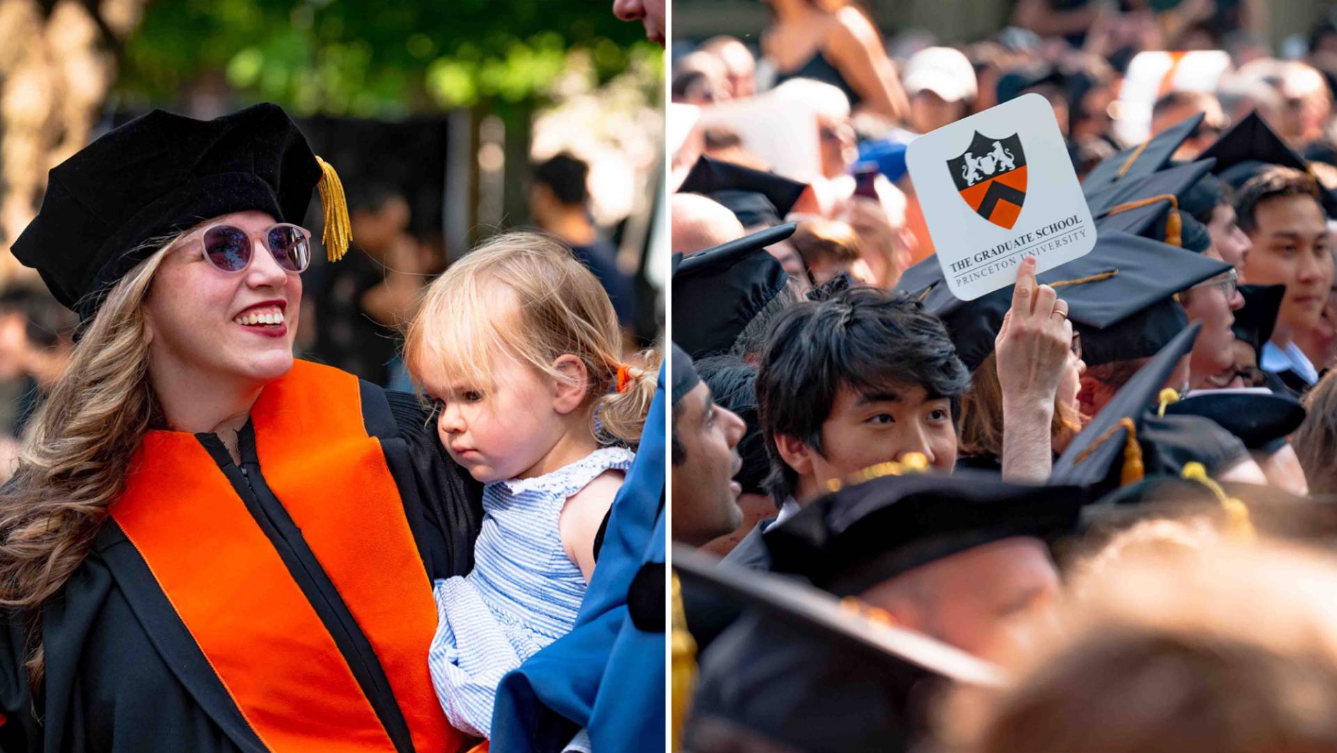 A graduate student with her daugheter; the crown with a fan