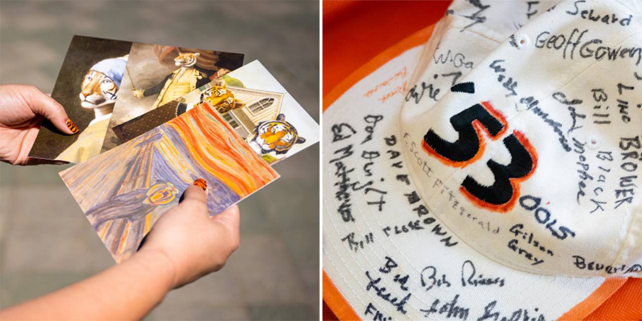 Artwork with tiger heads and an autographed baseball cap