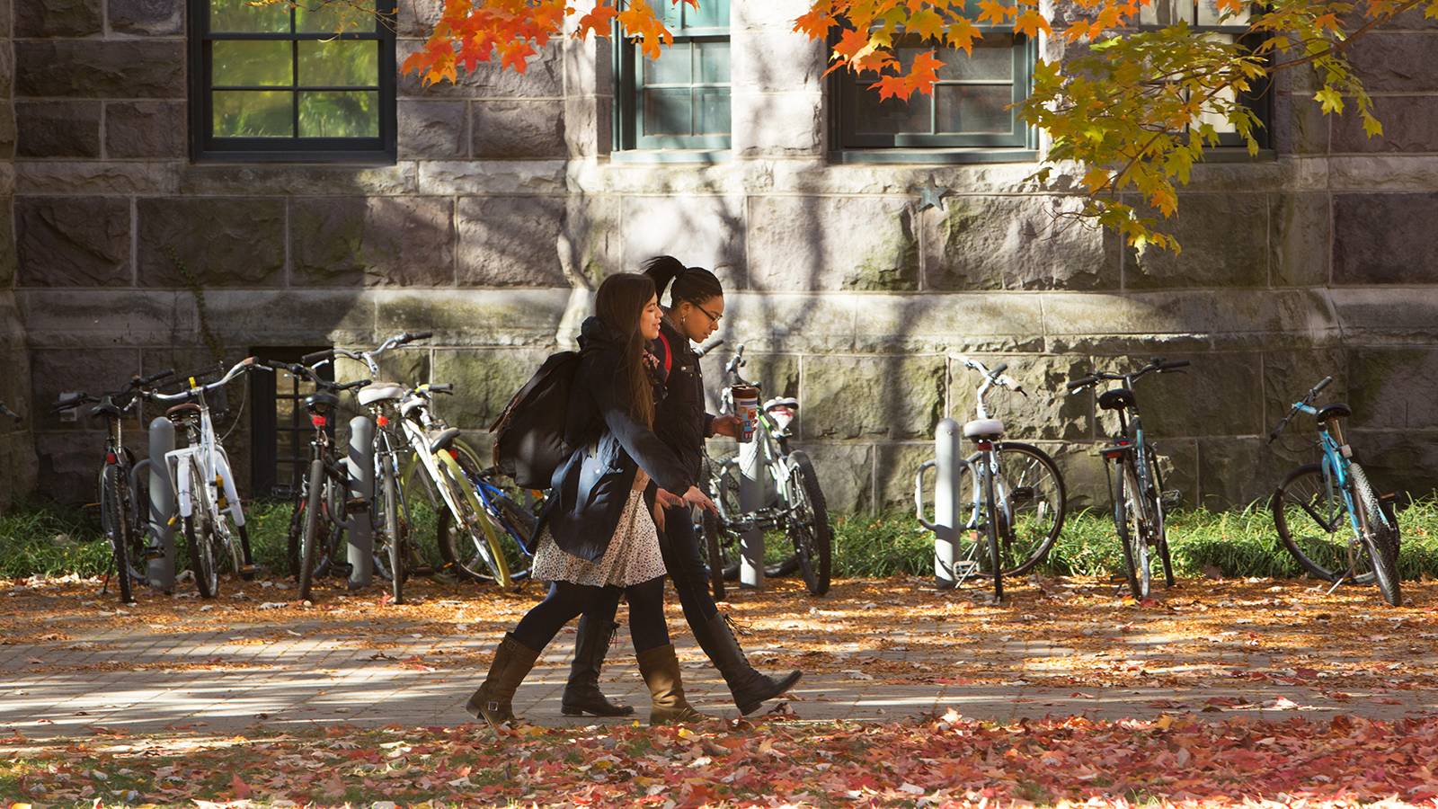 Students walking on campus during fall