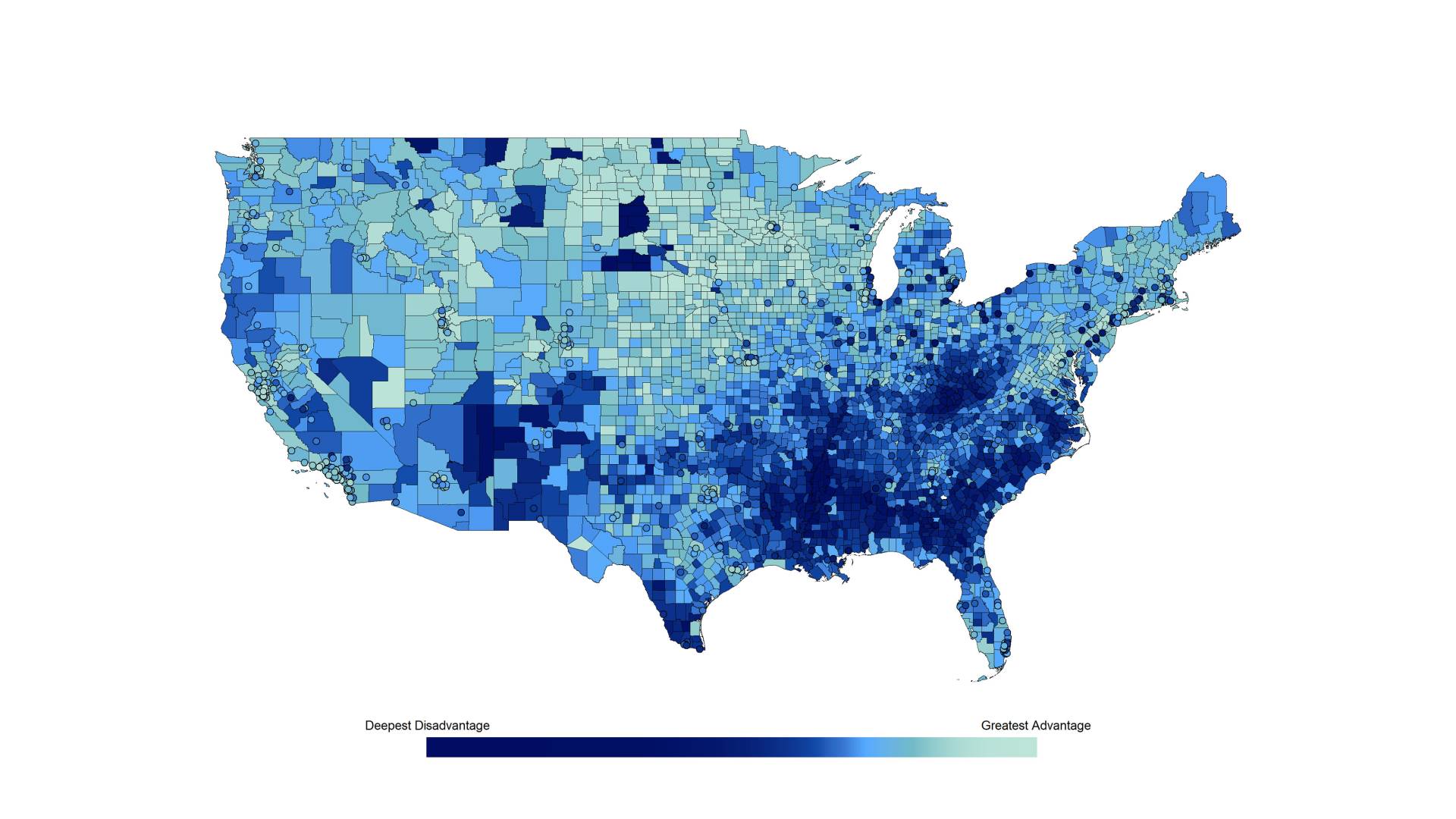 U.S. Map of Disadvantage shows the clusters of poverty in the southeast and midwest