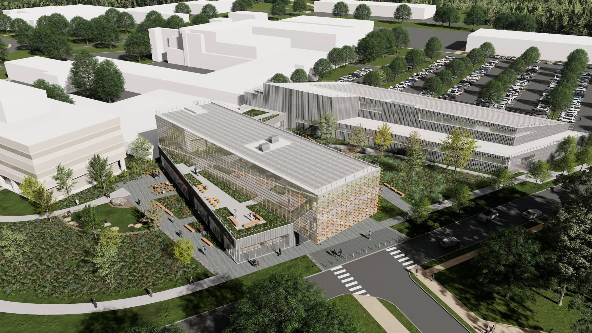 Rendering of the PPIC north wing, roof garden and south wing lab