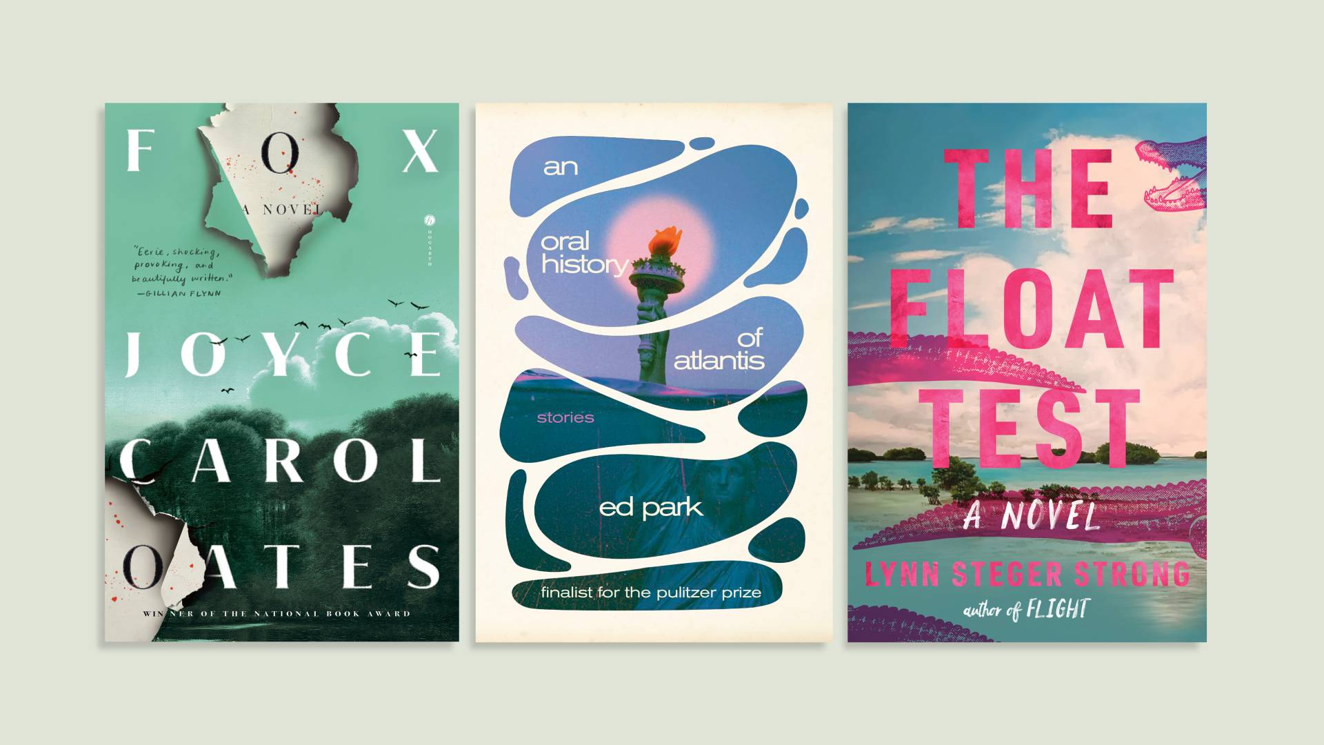 Book covers for "Fox," "An Oral History of Atlantis" and "The Float Test"