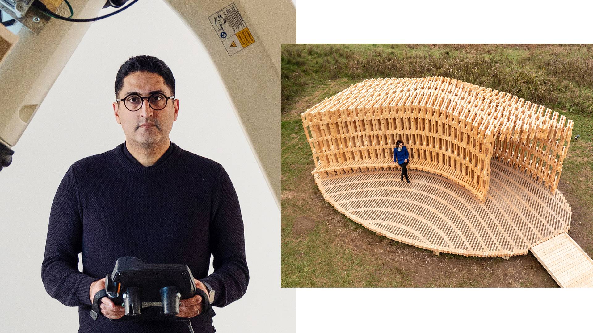 Arash Adel and a wooden structure his team built with human-robot collaboration