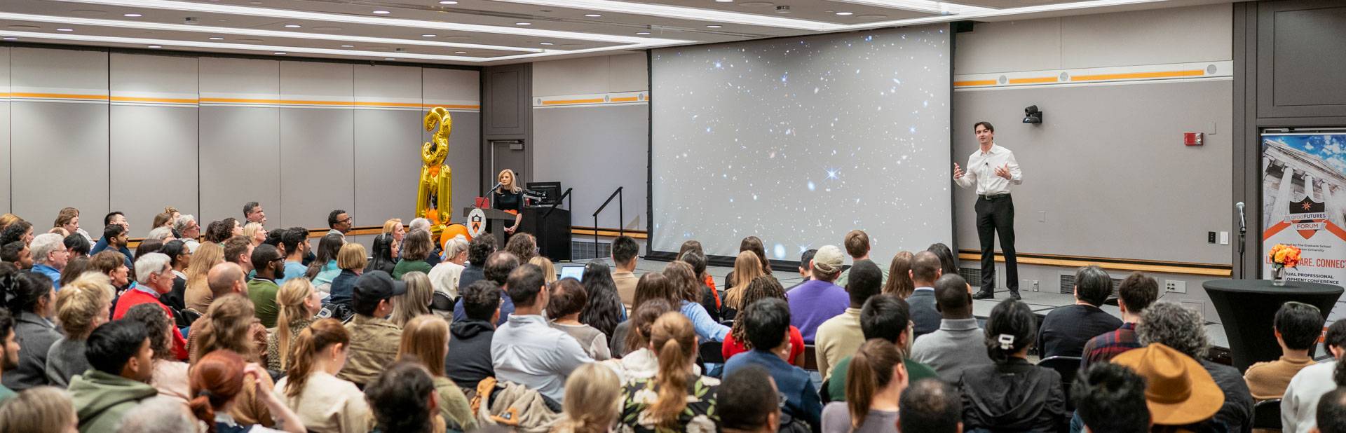 David Shlivko presents to the capacity crowd.