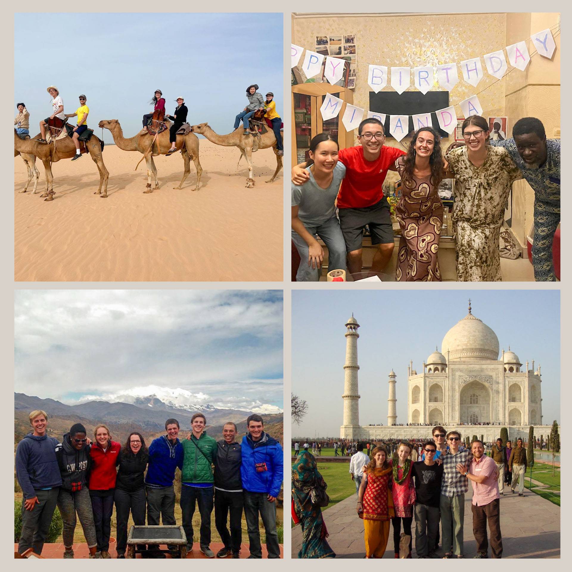 A collage of photos showing students on camels in the desert, students celebrating a brithday, students on top of a mountain, and students in front of the Taj Mahal