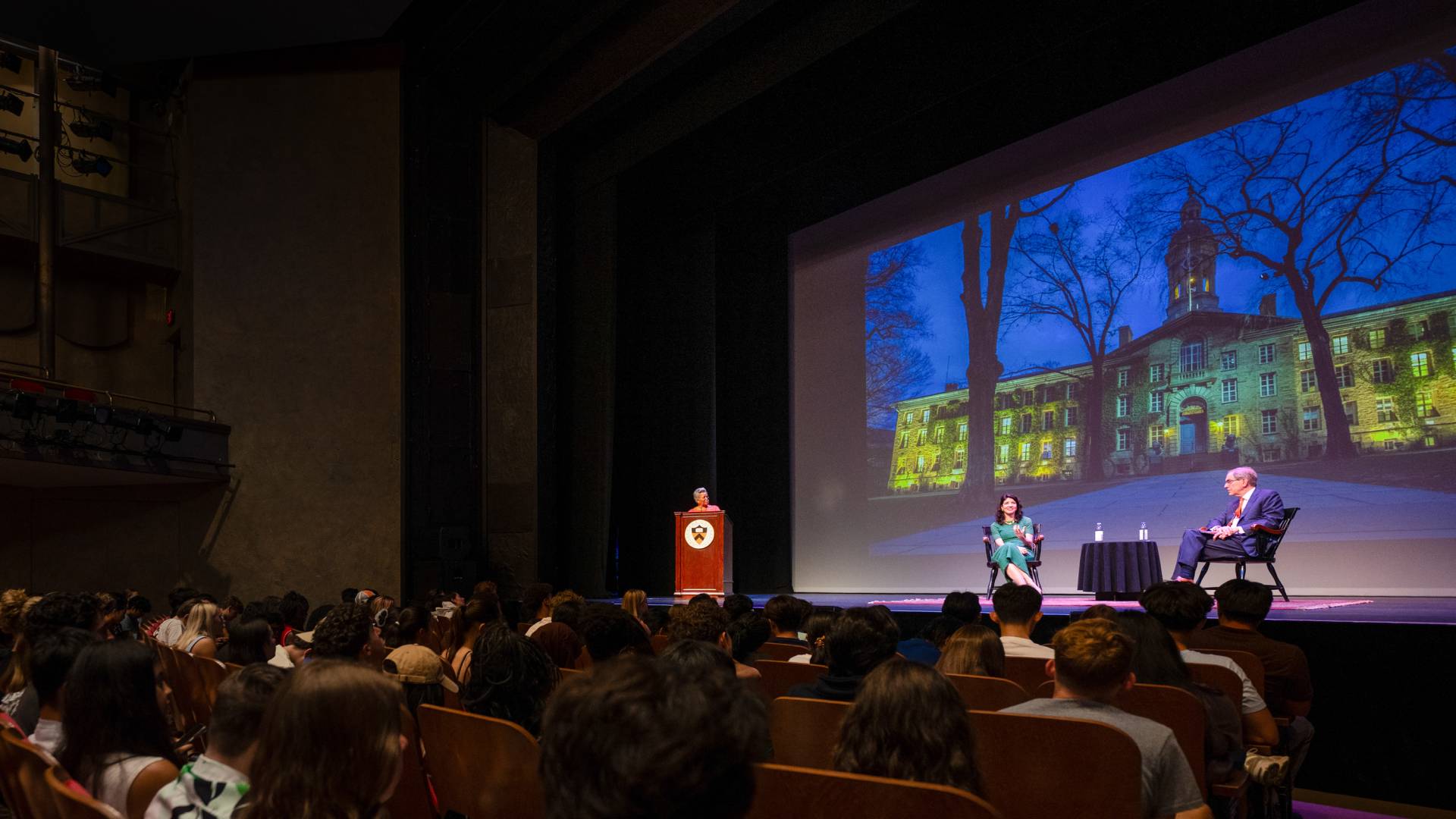 The view from the audience, with Calhoun, Lopez and Eisgruber on stage.