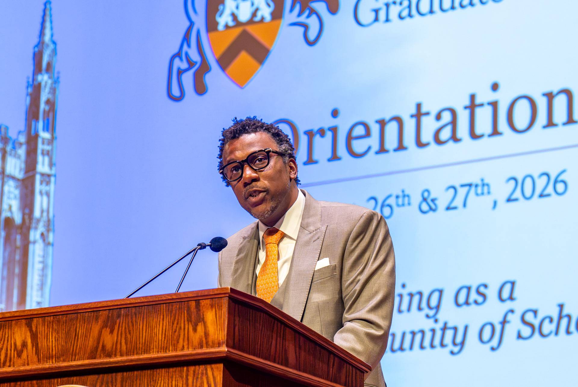 Princeton Graduate School Dean Rodney Priestley speaks from a podium.