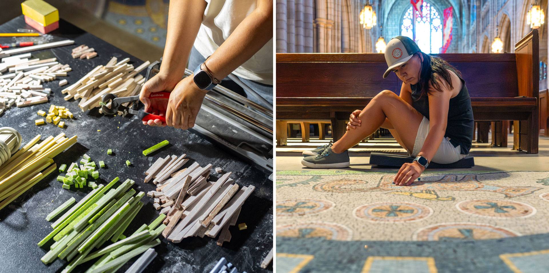 A close up of hands trimming small pieces of stone; Marianne Nicolson lays out stone in the mosaic lay