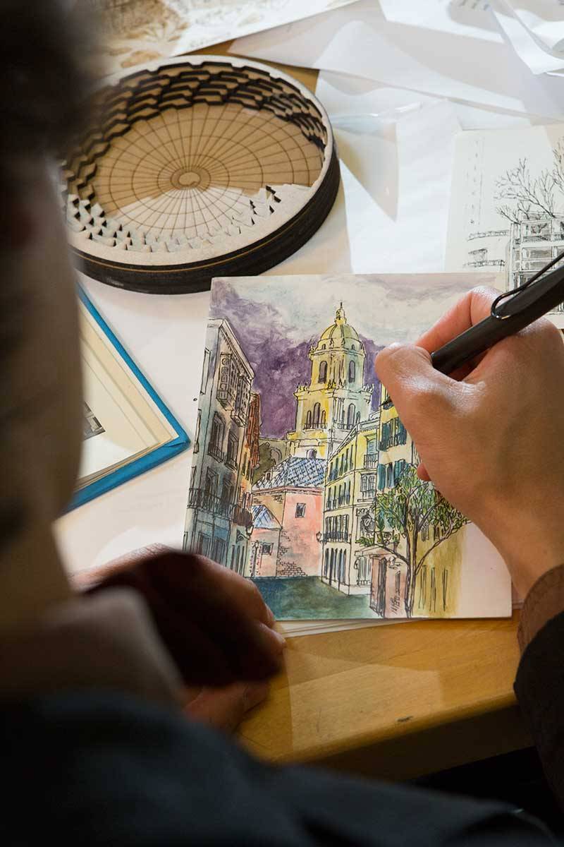 2015 Valedictorian Misha Semenov pen and watercolor sketch of the Málaga Cathedral