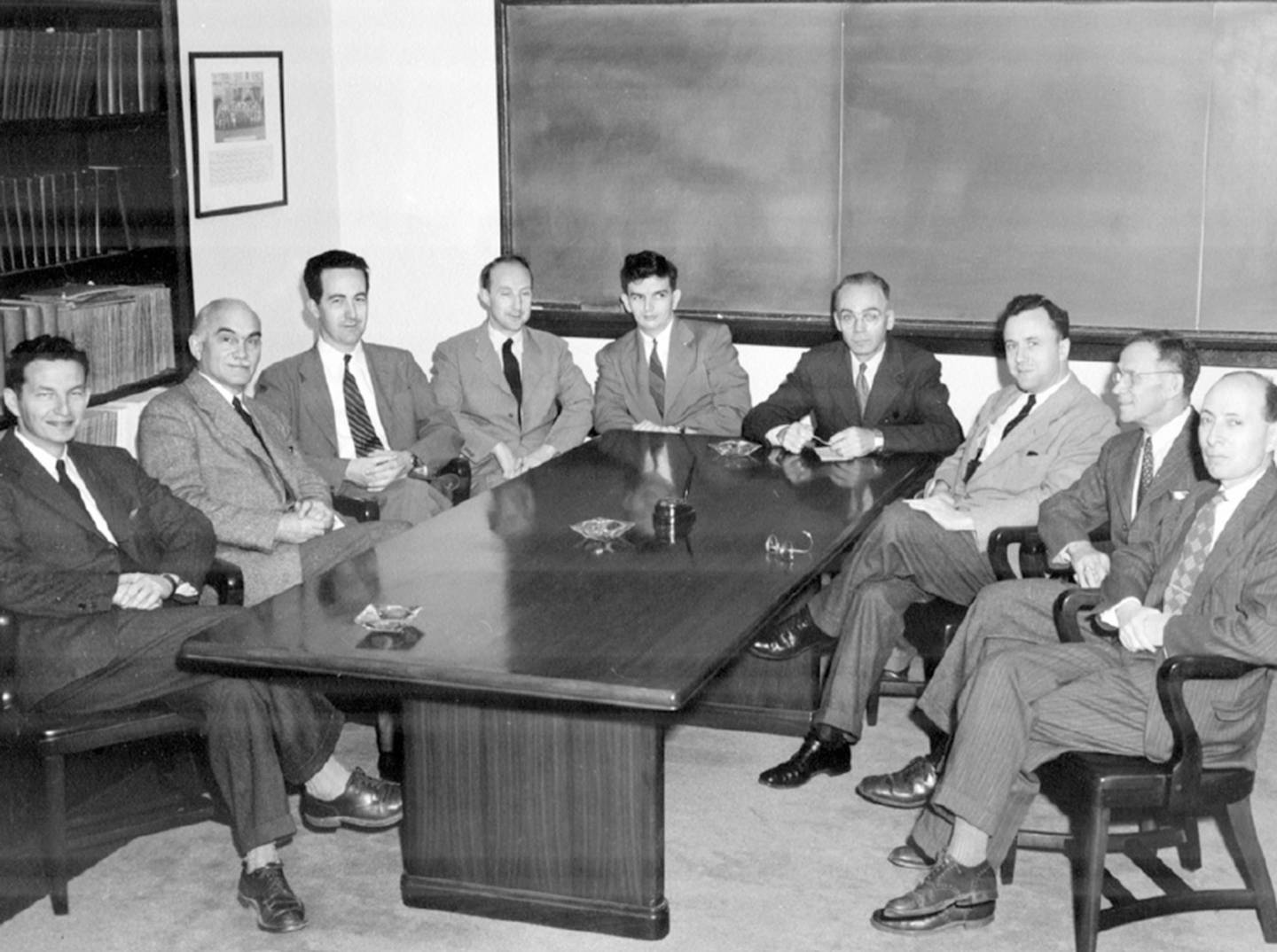 Rubby Sherr, Allen Shenstone, Donald Hamilton, Eric Rogers, Robert Dicke, Walker Bleakney, John Wheeler, Rudolf Ladenburg and Eugene Wigner,  circa 1950