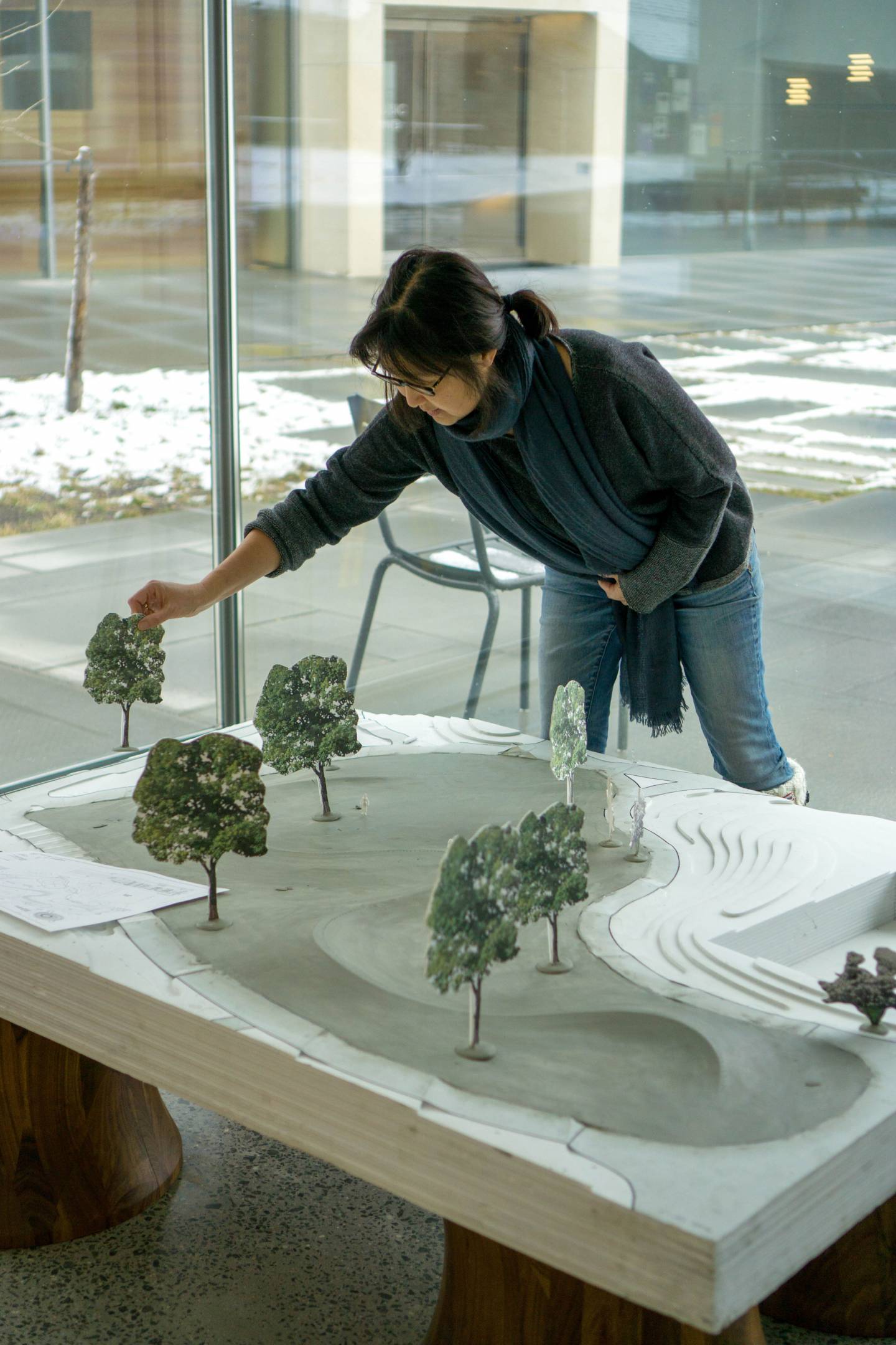 Maya Lin working on model of her outdoor installation