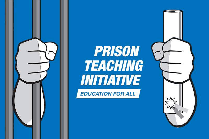 Graphic of 2 hands, one clutching bars of a jail cell, the other clutching a diploma, and text that reads, "Prison Teaching Initiative: Education for All"