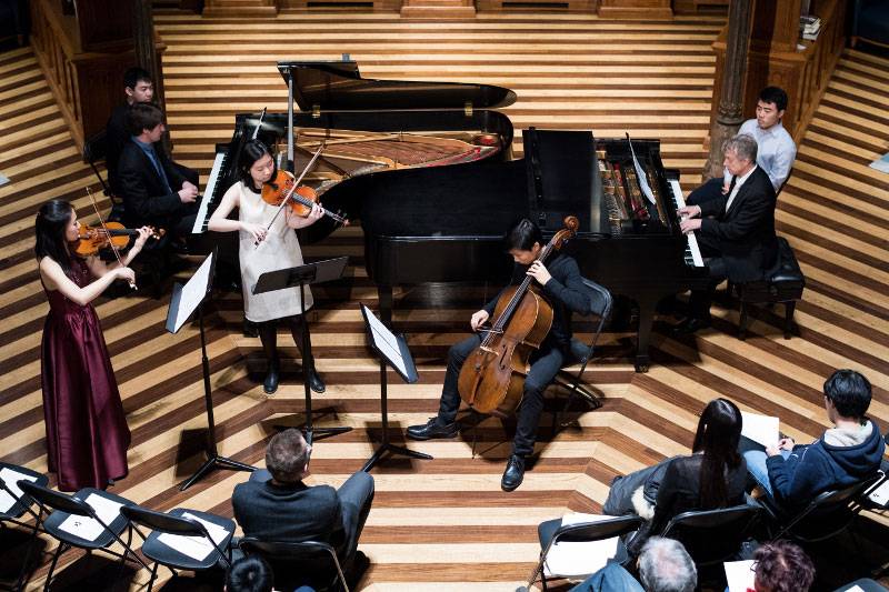 Chamber music ensemble, as seen from a high vantage point
