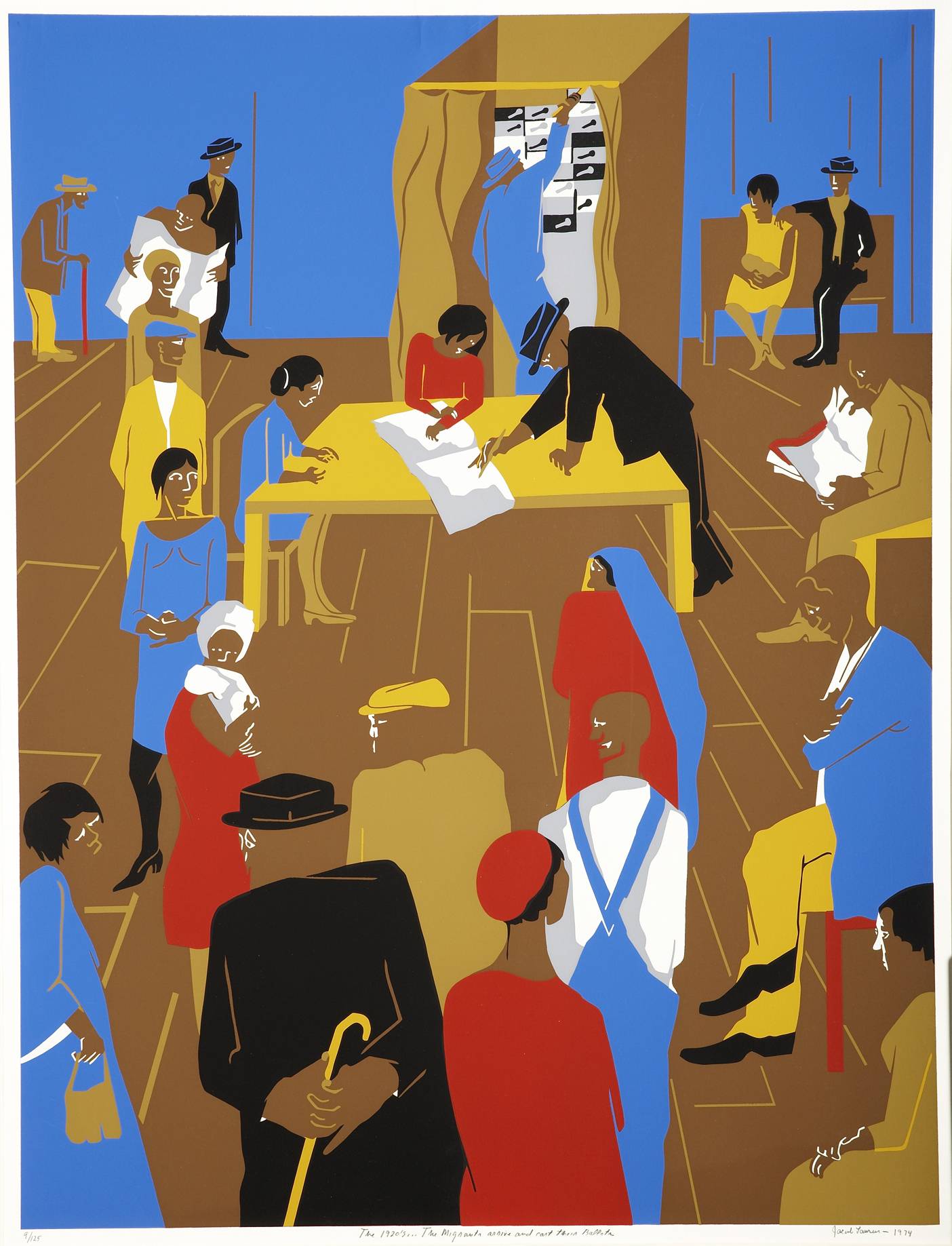 Screenprint of a scene with people surrounding a table