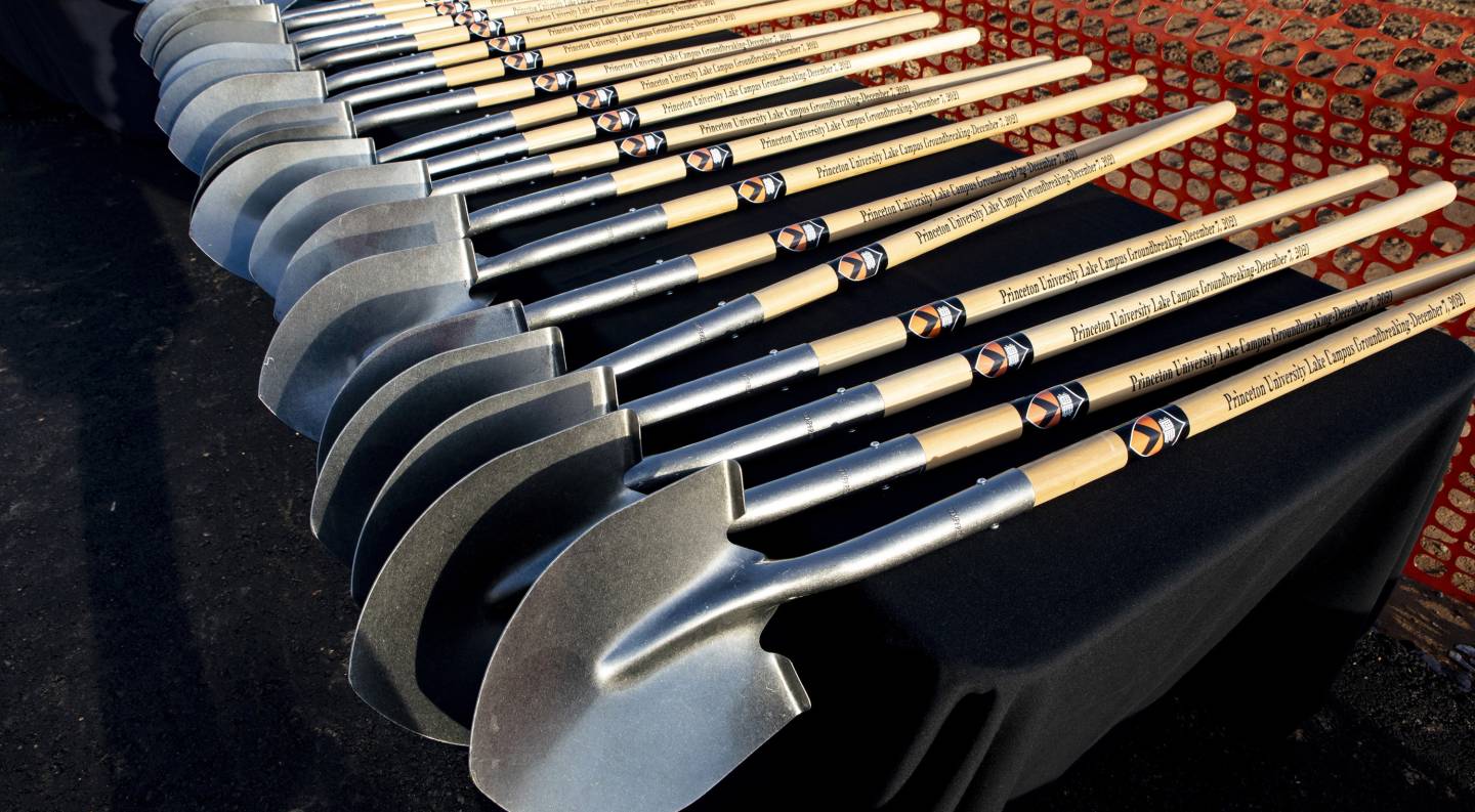Shovels on a table, ready for the groundbreaking ceremony