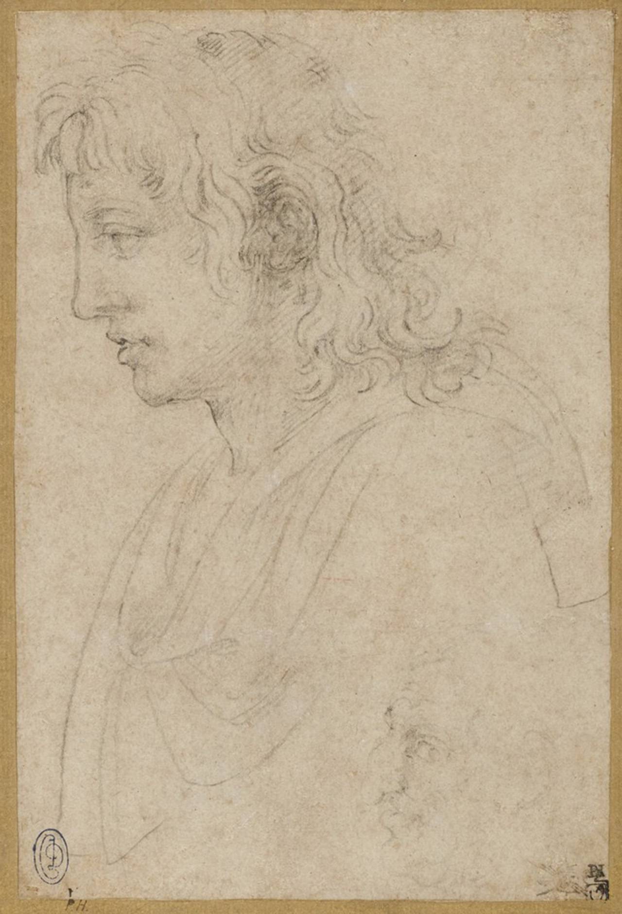 Michelangelo drawing of a bust of a youth and a caricature of an old man