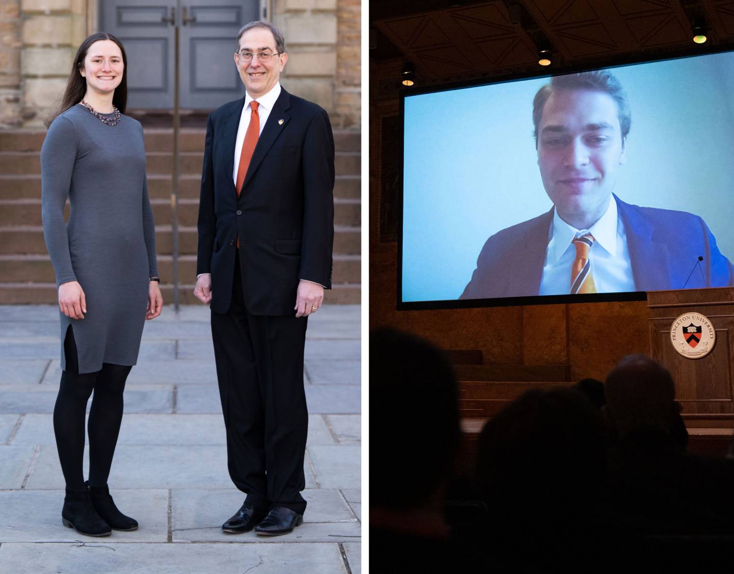 Wayner and President Eisgruber in front of Nassau Hall, Potter on the screen onstage