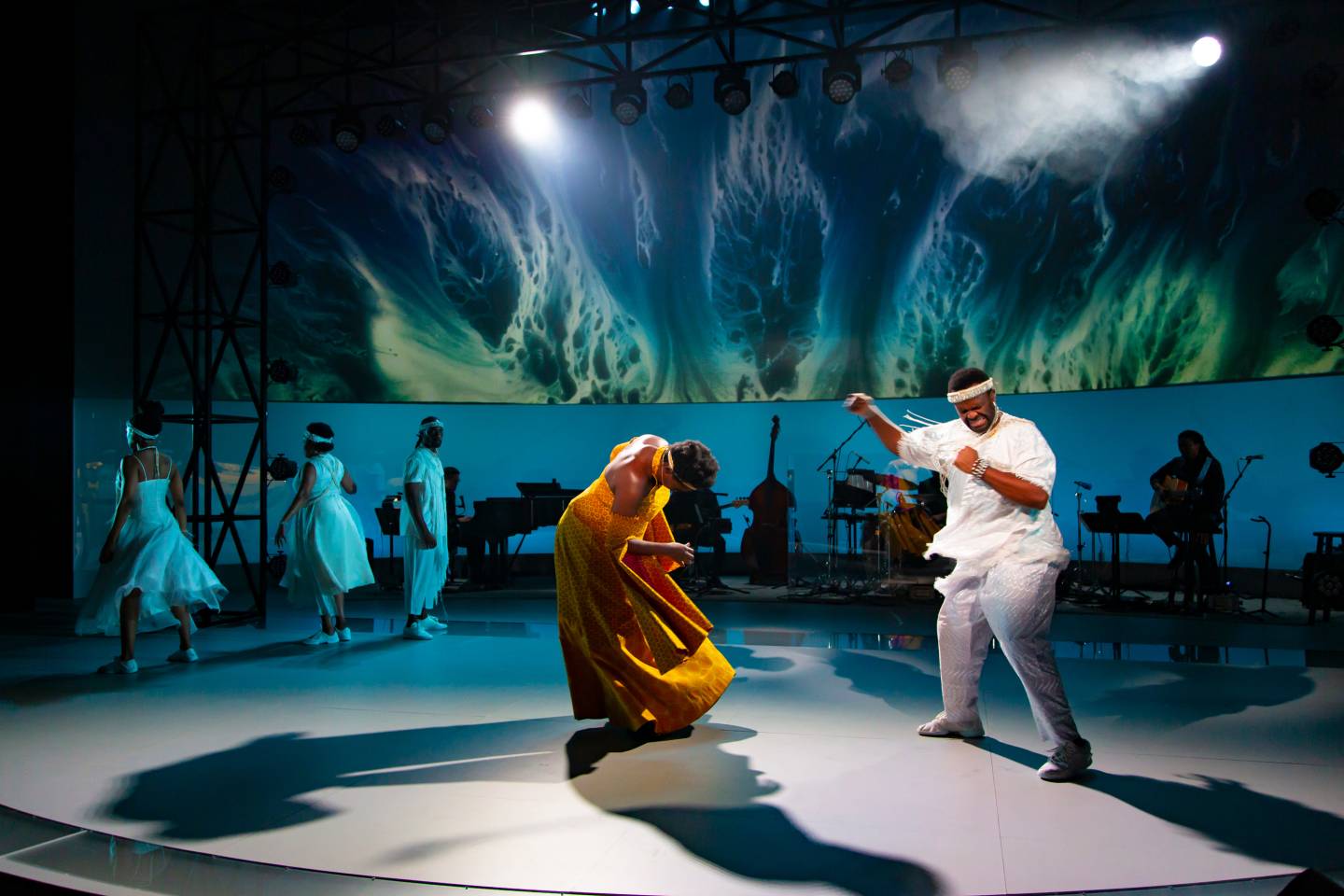 Performers on stage during a scene in 'Deaming Zenzile'