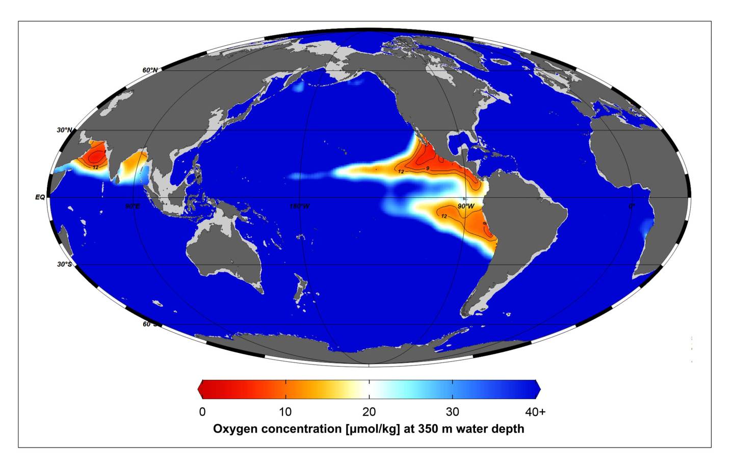red areas on the map show unoxygenated waters off the west coasts of North and South America