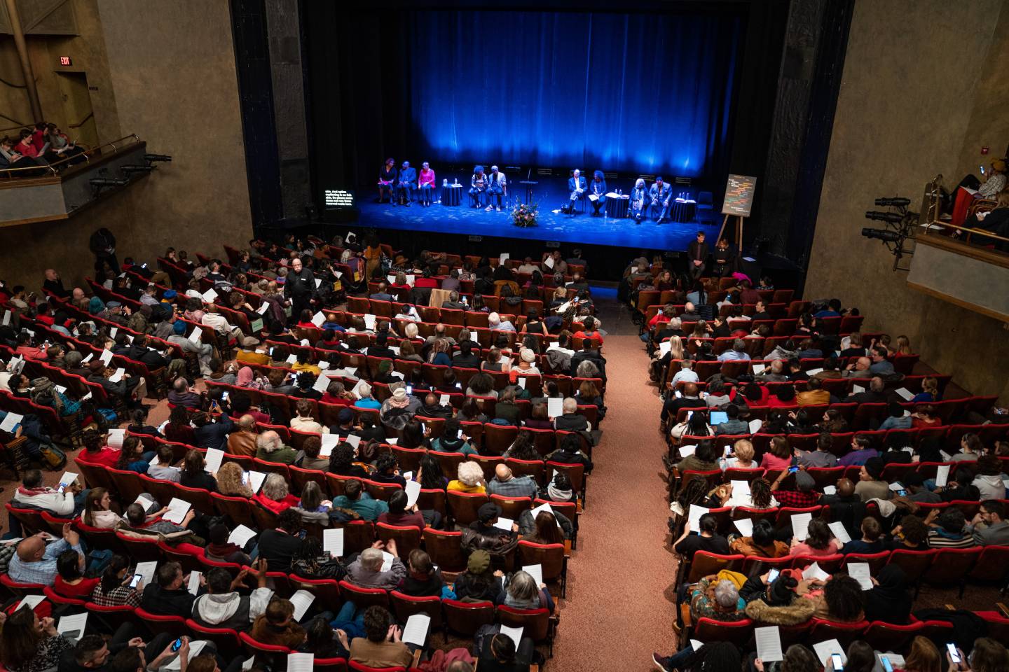 Overhead view of audience in McCarter Theatre, looking toward the stage.