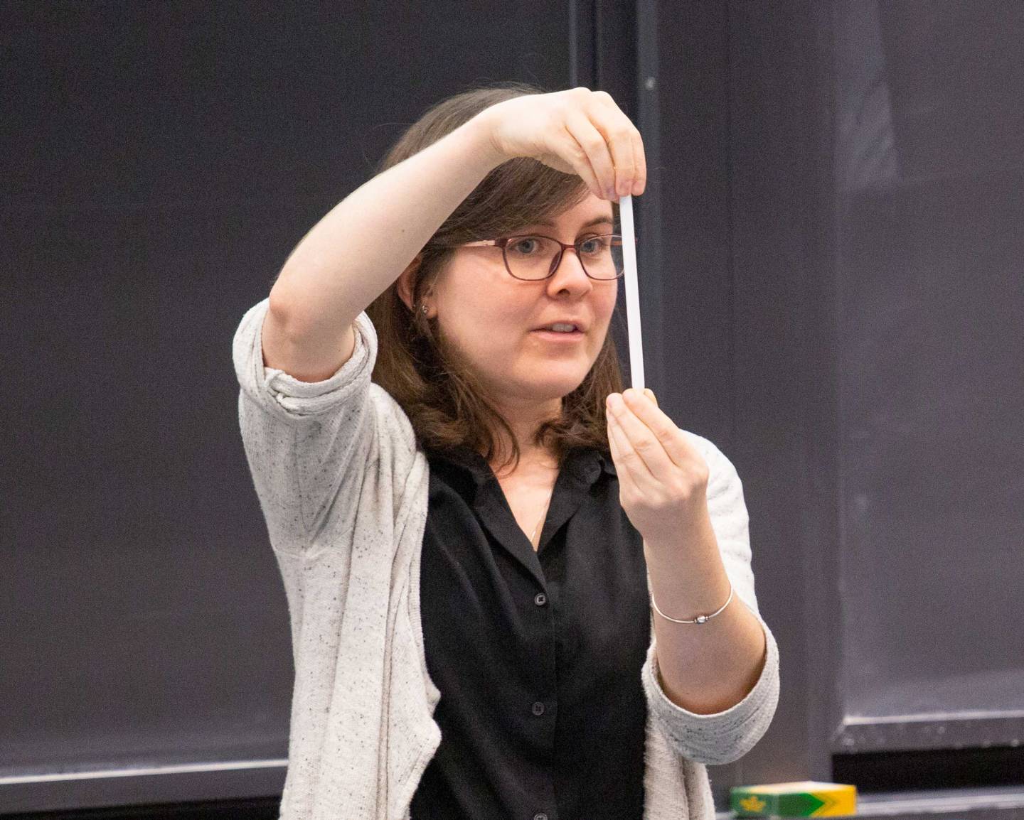 Prof. Marissa Weichman demonstrates a concept during a lecture