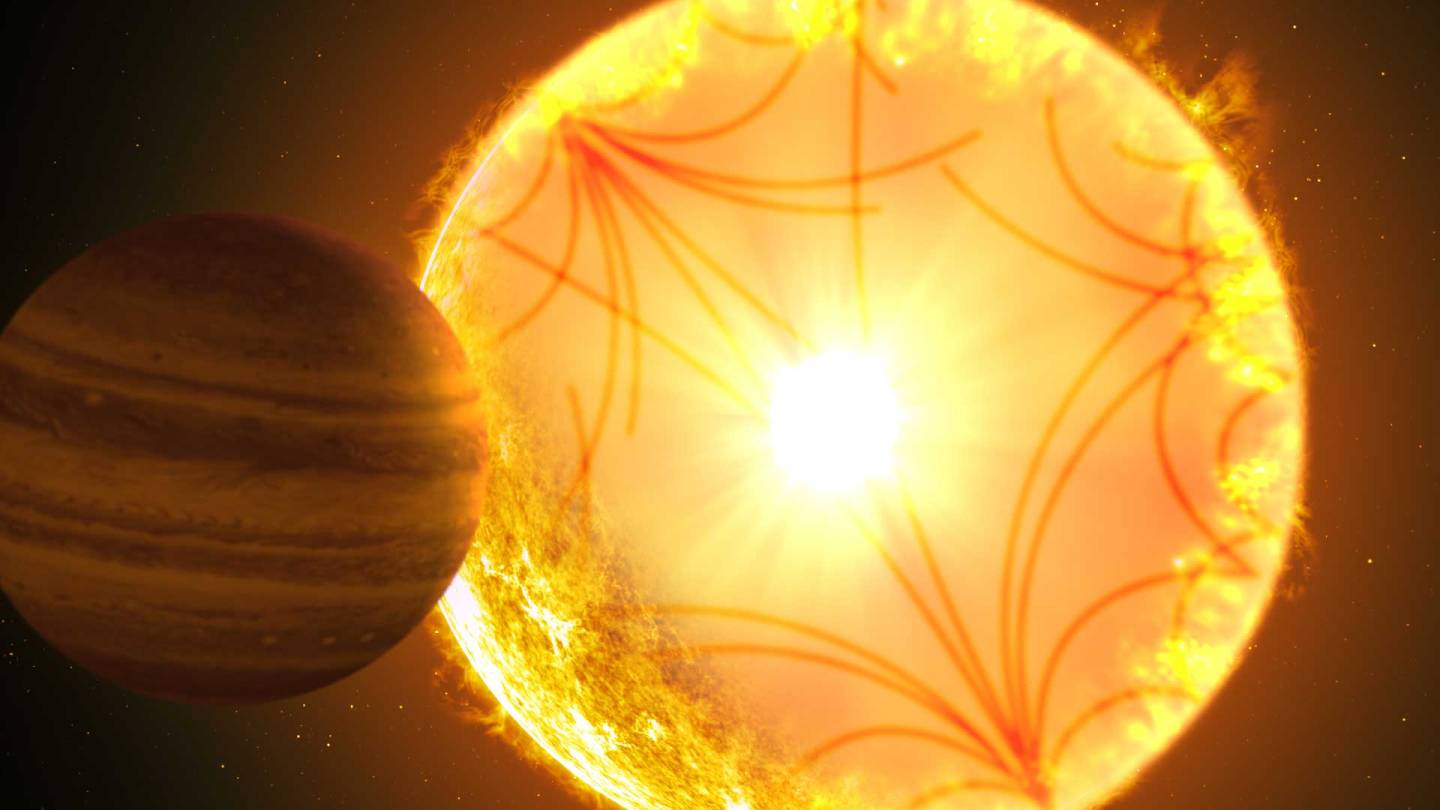 A Jupiter-like planet closely orbits a star with seismic waves bouncing around its interior.