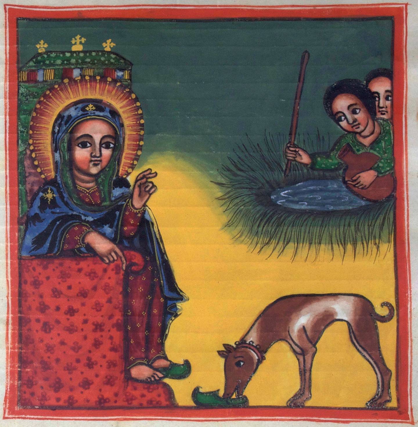 1. The group of virgins gathered around the well while one of them chases away the thirsty dog (right). The object(s) are well; grass; water; pitcher; jar; stick. 2. St Mary giving the dog water to drink from her shoe (left). The object(s) are throne; shoe; dog; jewelry. The living being(s) are Mary.