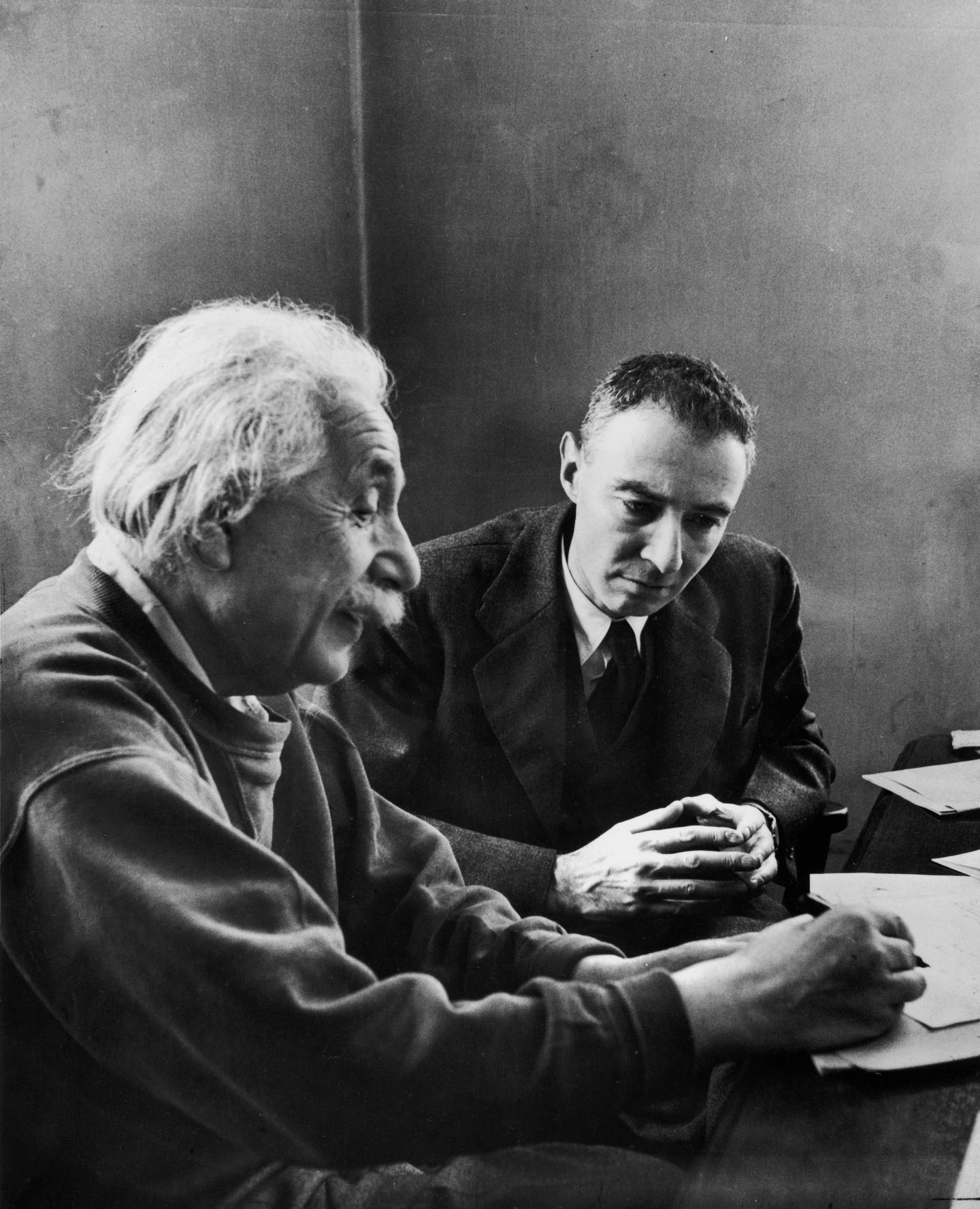 Oppenheimer sits with Einstein
