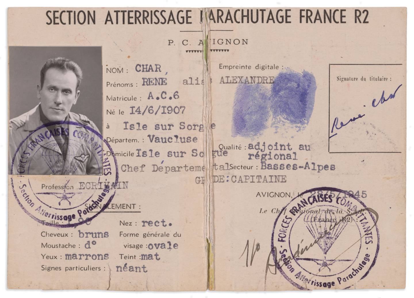 Section Atterrissage Parachute membership card (dated 1945) previously belonging to René Char.