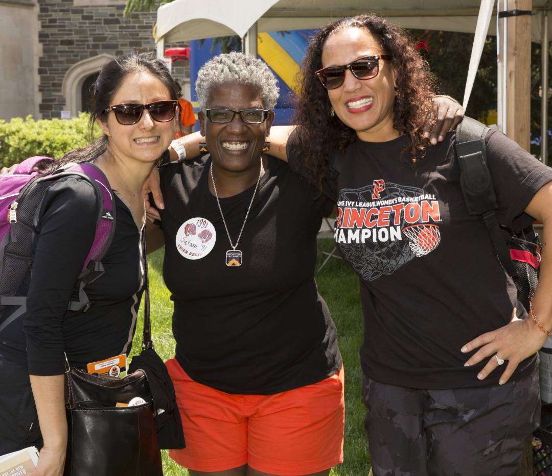 Alumnae Irma Martinez, Satana Deberry and Julianna Edwards reconnect at the 25th Reunion headquarters in Whitman College