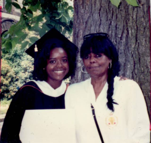 Mellody Hobson poses with her mother at Commencement