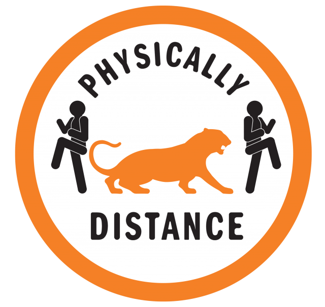 Badge that reads "Physically Distance" while 2 stick figures turn away from a tiger