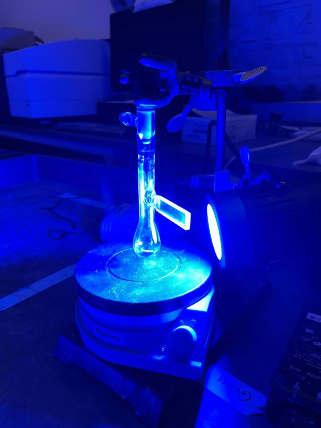 Blue light glows from a chemical reaction